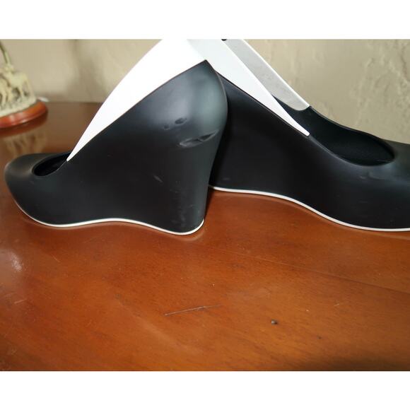 Melissa Black Block Wedges Peep Toe White Detail Pin-up Rockabilly Rubber Size 8 - Picture 8 of 10